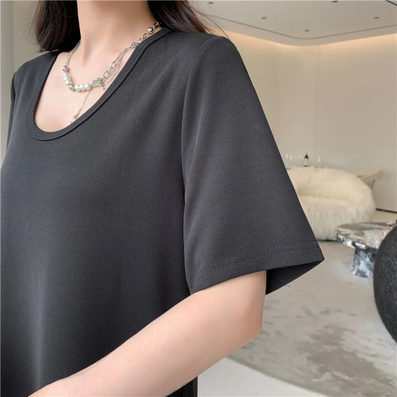 ฤดูร้อน Oversize สีทึบรอบคอแขนสั้นเสื้อยืดผู้หญิงแฟชั่นหลวมสบายๆ A-Line ชุดยาว