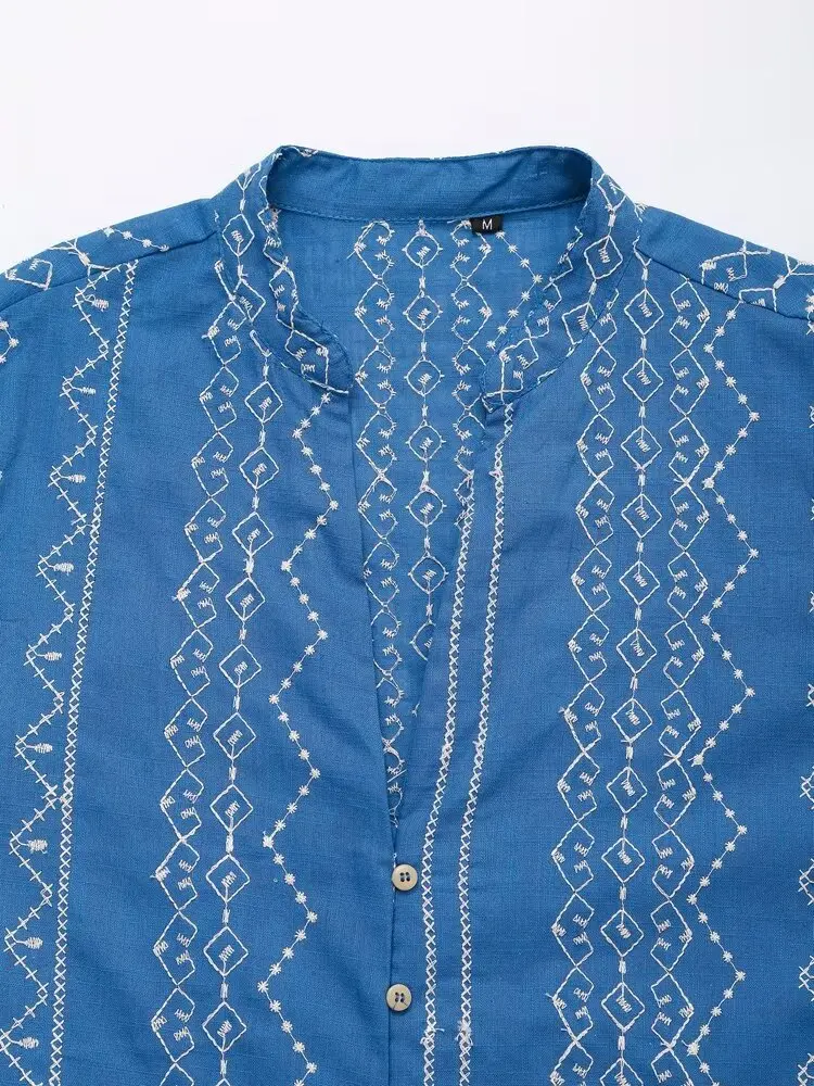 Tangada Women Blue Embroidery 85% Cotton Shirt  Long Sleeve 2024 Fashion Female Blouse Tops 6H0250