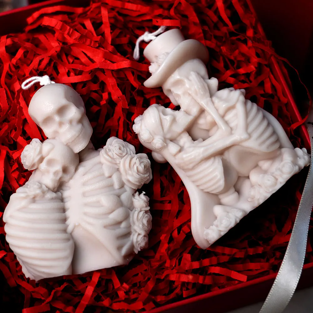 Kiss Skeleton Lover Silicone Candle Mould Ghost Groom Hug Bride Plaster Resin Mold Relief Rose Design DIY Halloween Gothic Decor