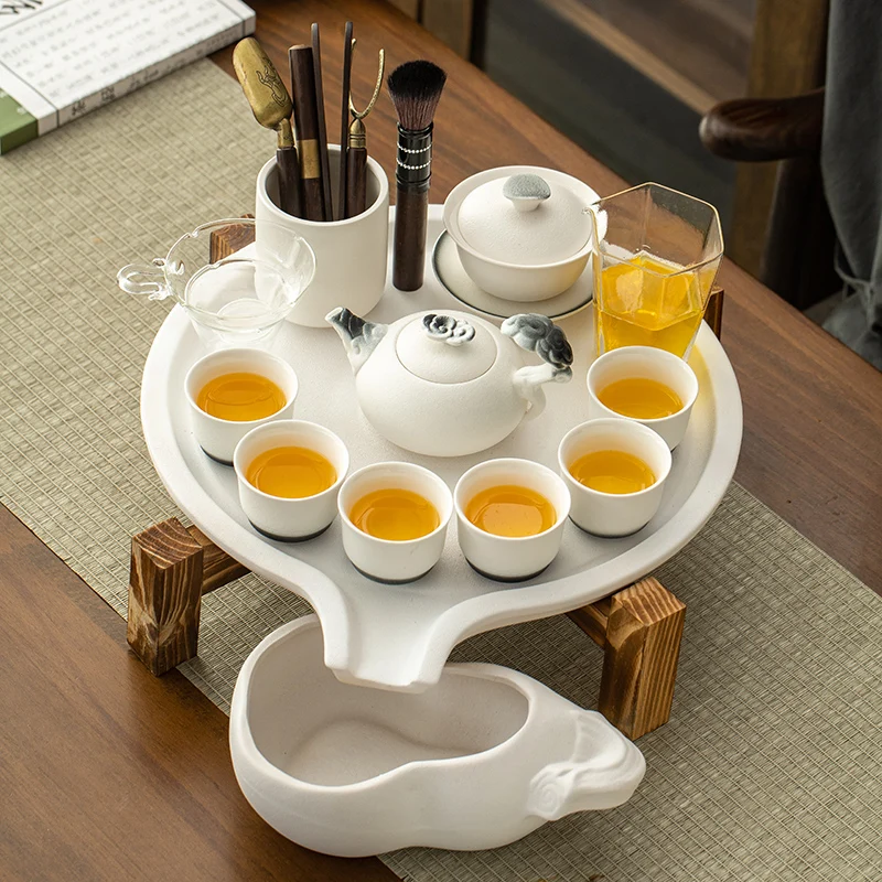 Home White Pottery Kung Fu Tea Set Creative Ceramic Stone Ground Tea Tray Modern Simple Glass Tea Infuser Teacup