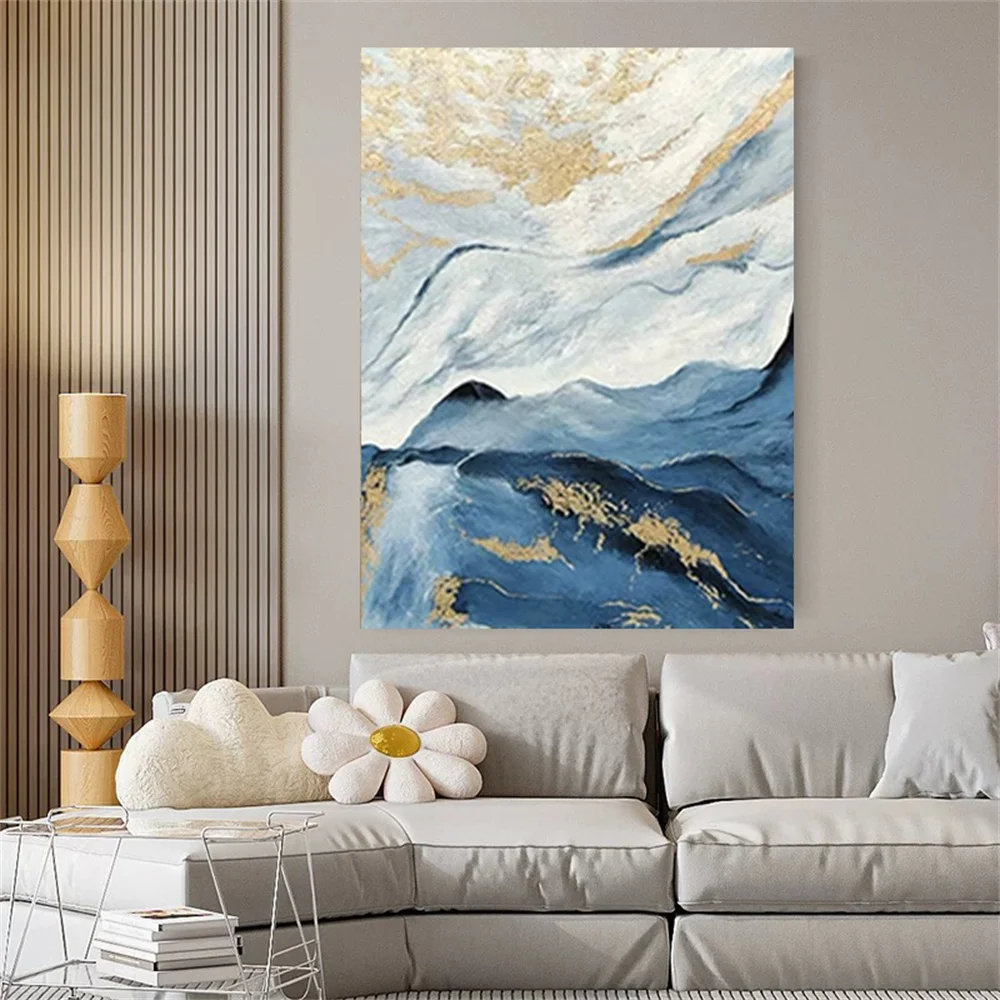 

Modern Home Decor picture Artwork Hand-Painted Abstract Oil Painting Blue Gold Canvas Original scenery Image For Living Room