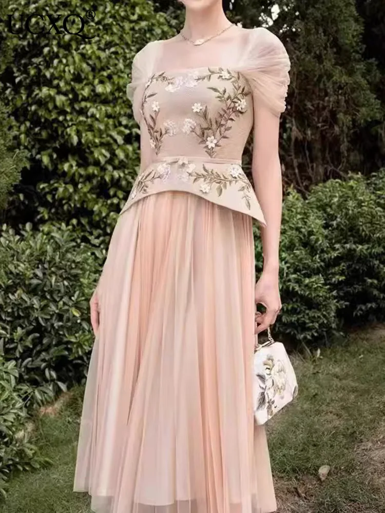 

UCXQ Элегантное вечернее платье в сказочном стиле с вышивкой 3D цветочной сеткой, винтажные длинные платья для женщин, новинка 2024, весна-осень 1143