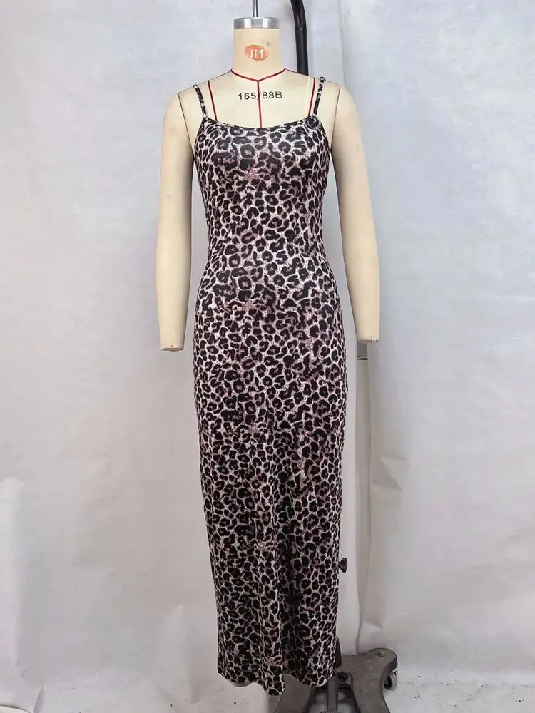 Sleeveless Spaghetti Strap Midi Boho Dress Leopard Prints Bodycon Dresses Robe Tights Package Hip Vestido Faldas Sexy Streetwear