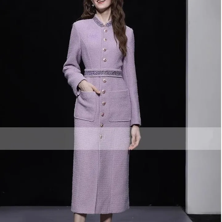 

autumn and winter new elegant women belt purple tweed coat grows above the knee wool coat