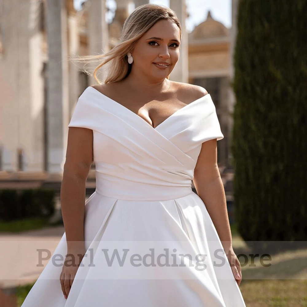 Vestido de casamento de cetim simples com decote em v fora do ombro mangas curtas plus size vestidos de noiva clássico a line chão vestidos de novia