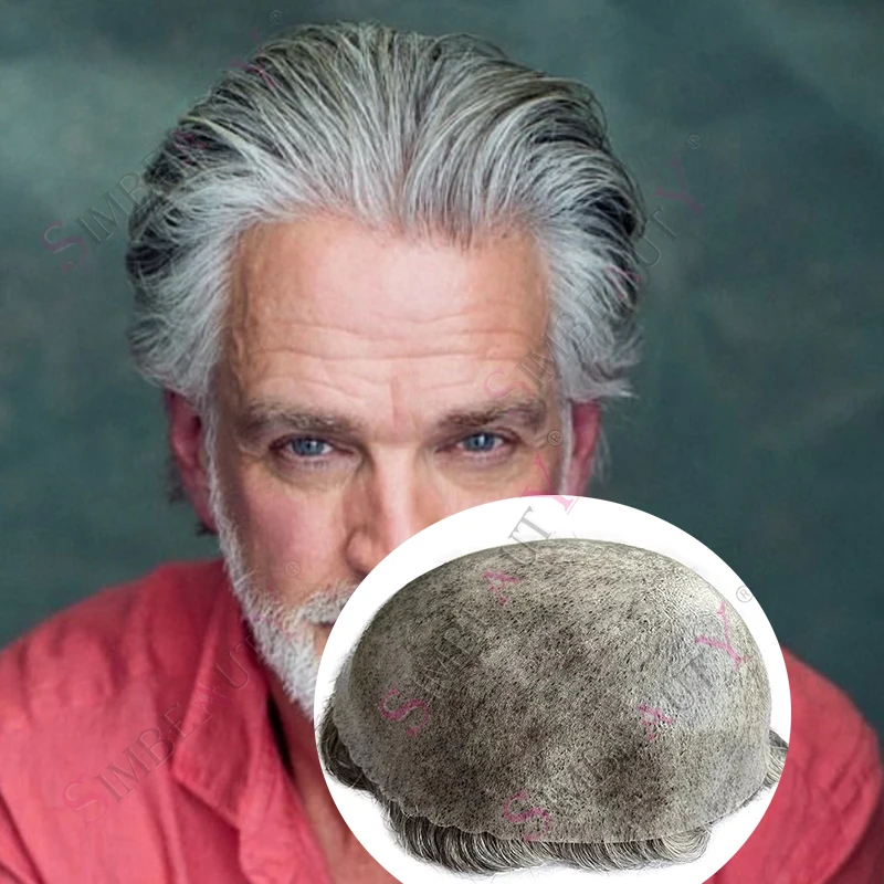 

1B65 1B80 Старик 100% натуральные человеческие волосы Натуральная линия волос Супер прочная кожа Поли # 3, темно-коричневый мужской парик, капиллярный протез