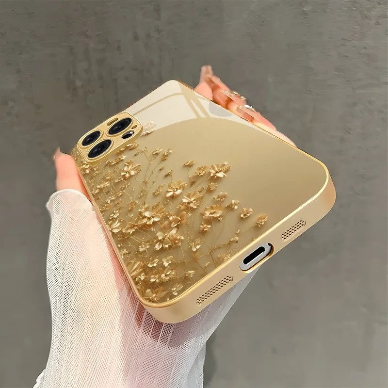 Eleganckie etui na telefon ze szkła hartowanego ze złotym wzorem małych kwiatów dla Samsung Galaxy S25 Ultra S24 S23 Plus S25 FE S23Ultra Cover — zdjęcie produktu 6