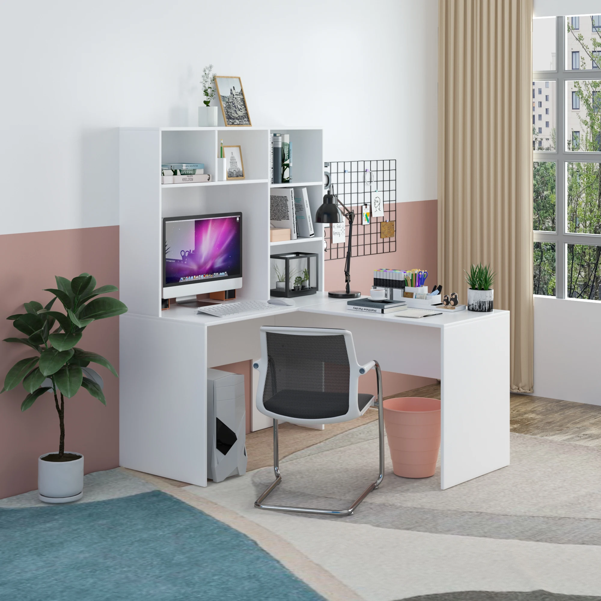 Getone escritorio, esquinero mesa, escritorio blanco, escritorio en L con Estantería para Dormitorio, Estudio, Oficina 107.8x124.7x152.5cm