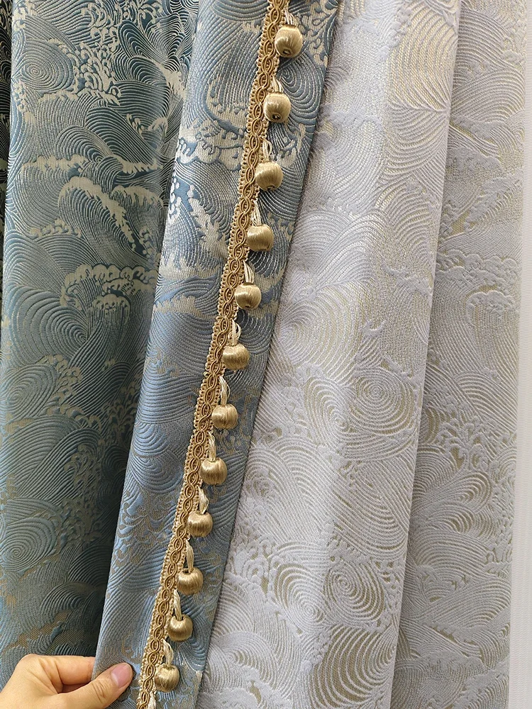 New Chinese Auspicious Clouds Ocean Tide Pattern Blue Gold Silk Jacquard Curtains For Living Room Bedroom French Window Villa