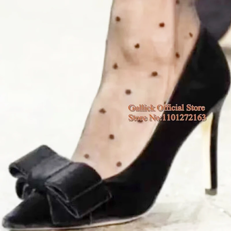 

Black Velvet Butterfly Knot Women Pointed Toe Pumps Plus Size 43 Slip On Stiletto Heels Women Office Dress Shoes