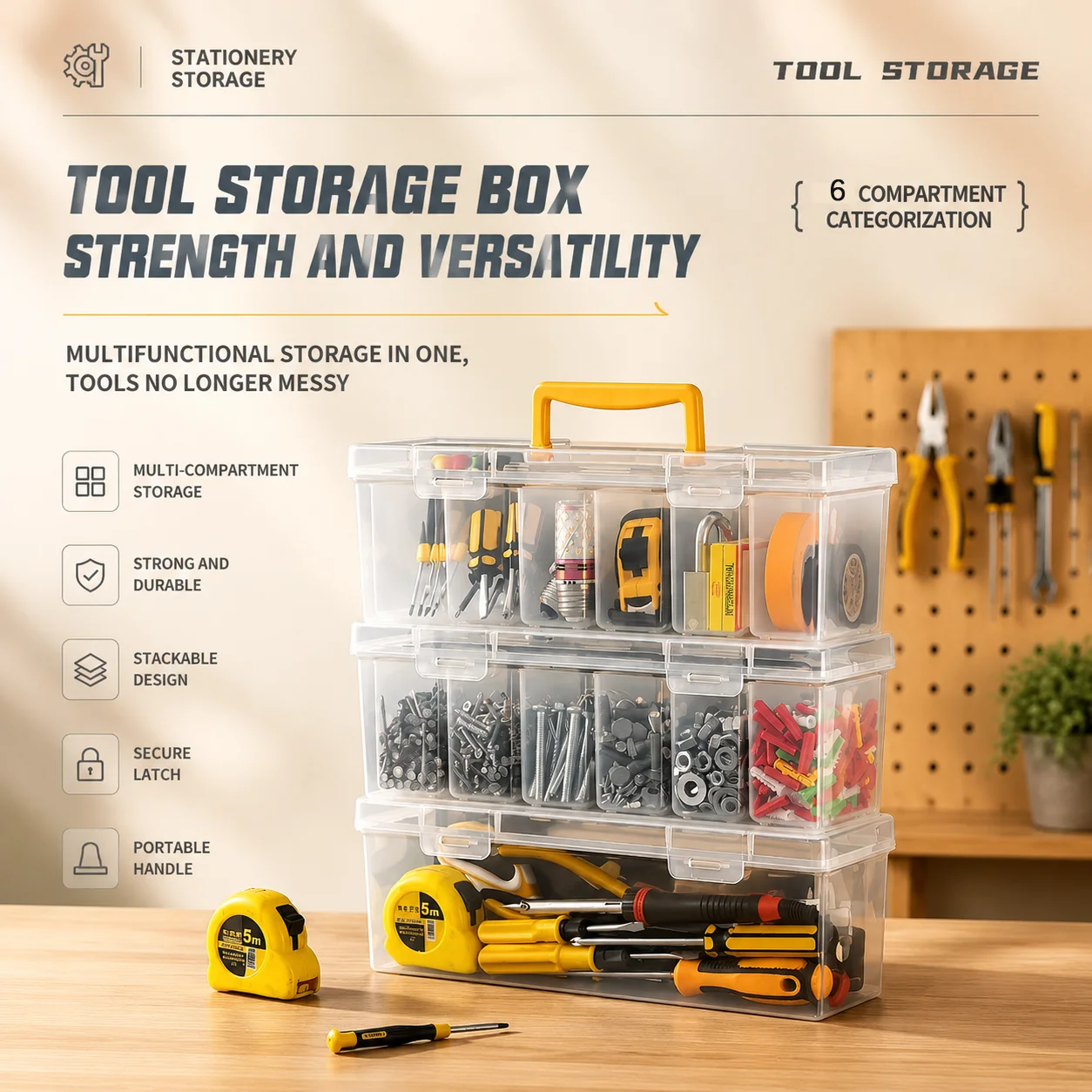 Portable Multi Compartment Hardware Organizer Box,6 Removable Small Bins for Screws Nuts Bolts DIY Hardware Small Accessories