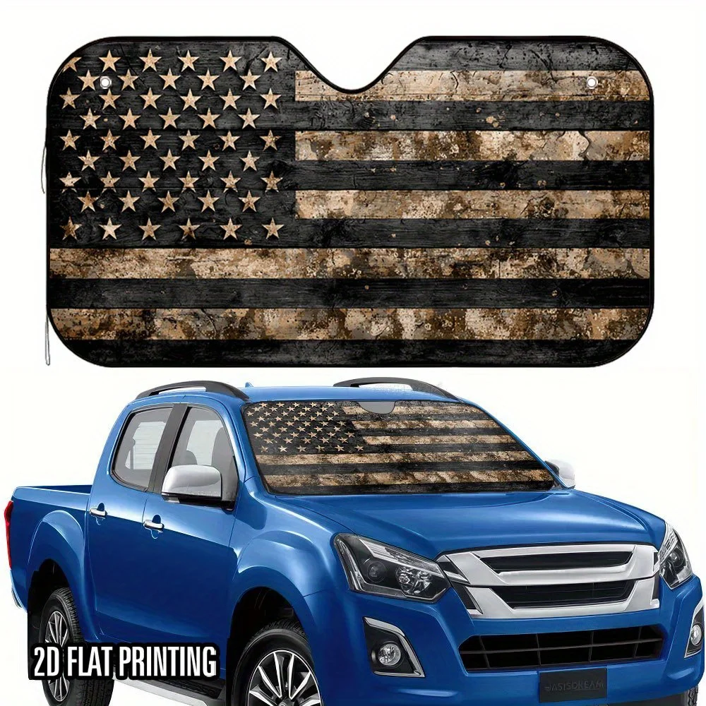 1pc 2D Flat Camouflage Flag Design Car Sunshade - Foldable, Patriotic Stars & Stripes Pattern, 4 Suction Cups, Fit For SUVs, Sed