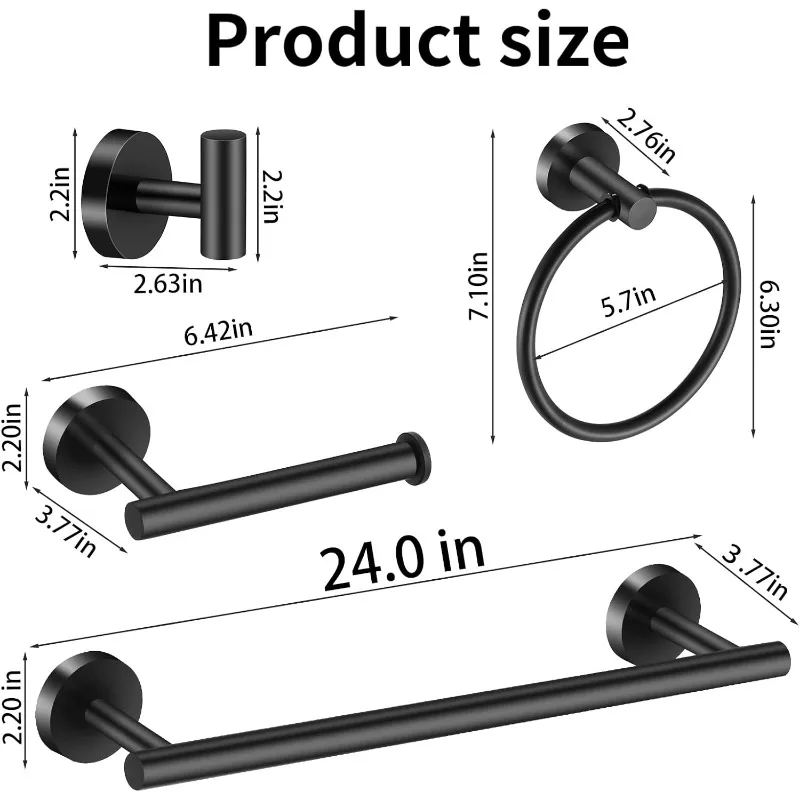 Bathroom Hardware Set Matte Black, 10 Pieces Bathroom Accessories Set Includes Includes 2 Packs 24 Inch Towel Bar