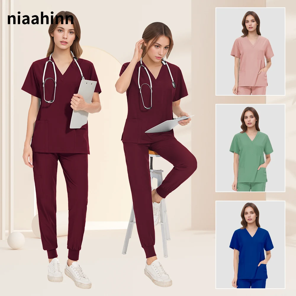 Multicolour Doctor Nursing Uniforms Jogger Suit Nurse Scrubs Sets Medical Clinical Clothes Short Sleeve V-neck Tops Pocket Pants