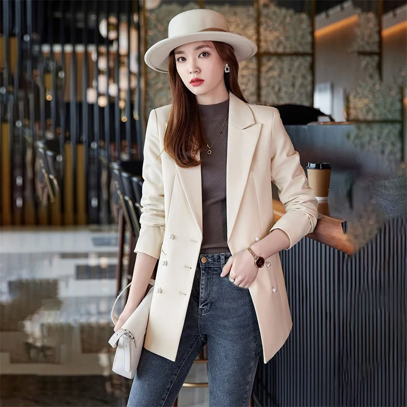 Lente Herfst Mid-Long Pak Jas Vrouwen 2024 Nieuwe Losse Kraag Jas Double-Breasted Blazer Mode Knoop Bovenkleding Dames