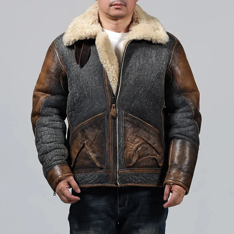 

D32000 European Size High Quality Super Warm Genuine Sheep Leather Coat Mens Big B3 Shearling Bomber Military Fur Jacket