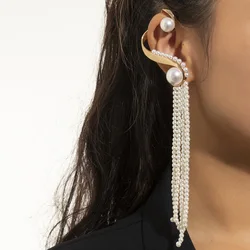 DIEZI One Piece Korean Long Tassel Earrings Girls No ear Piercing Full Pearl Big Clip Earrings For Women Gift Jewelry Ear Cuff