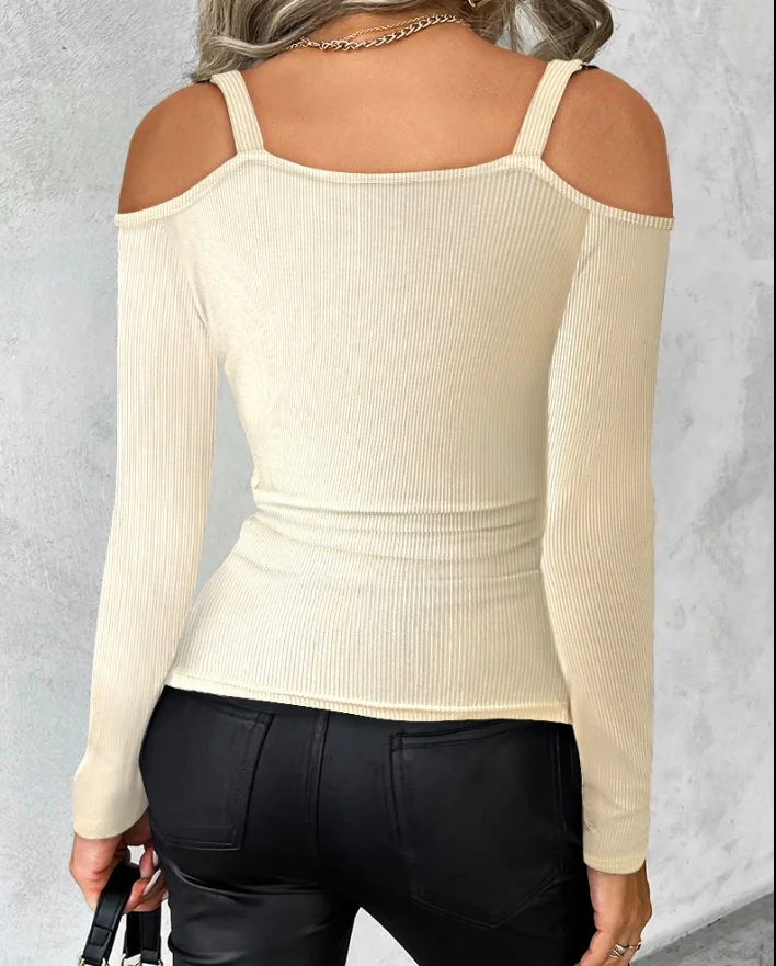 Alla moda estate nuovo stile Sexy spalla fredda increspato Top a coste retrò Slim Fit e dimagrante Top a maniche lunghe per le donne