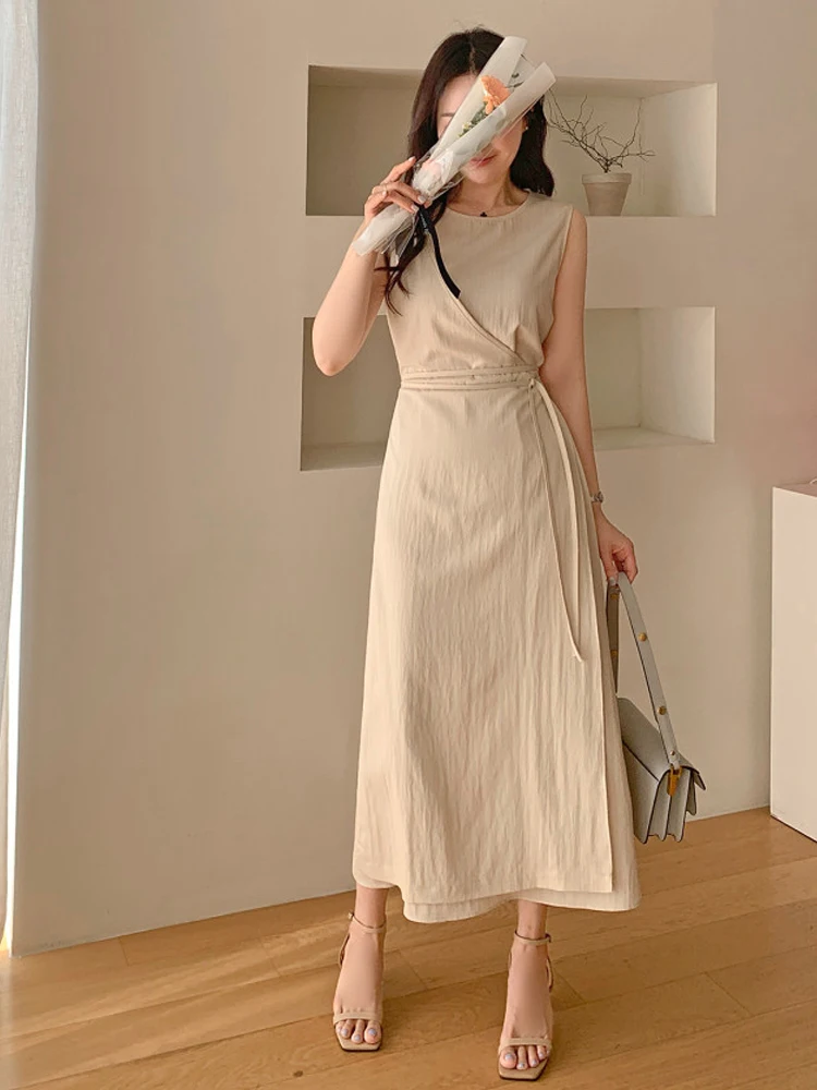 Vestido e sin mangas con cuello redondo y cintura ceñida para mujer, vestido largo de verano de cintura alta, corte en...