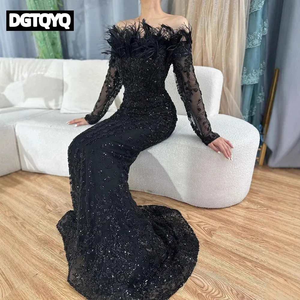Elegant Black One-Shoulder Feathery Fish-Tail Gown for Hostess of Banquet Luxury Evening Dress Stylish Lady's Ball Gown - view 4