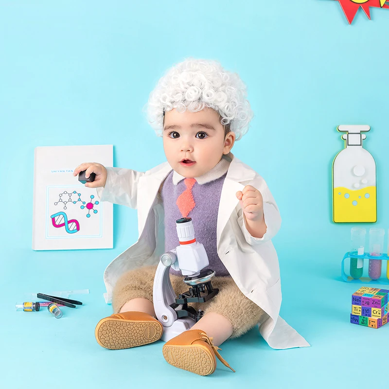 Pakaian fotografi bayi lucu mereka Wig ilmuwan + setelan + mantel pakaian Cosplay kostum mandi bayi baru lahir alat peraga fotografi