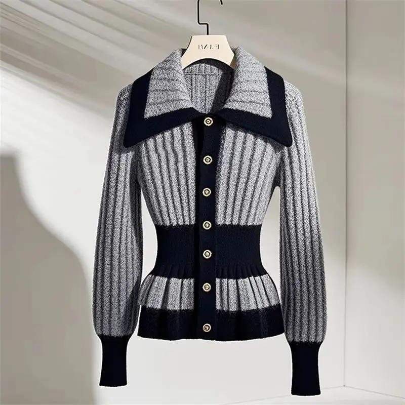 Design Sense Patchwork Wool Sweater Women Autumn Winter Stylish Contrasting Cashmere Cardigan Slim Waist Soft Knitwear Chic 036H