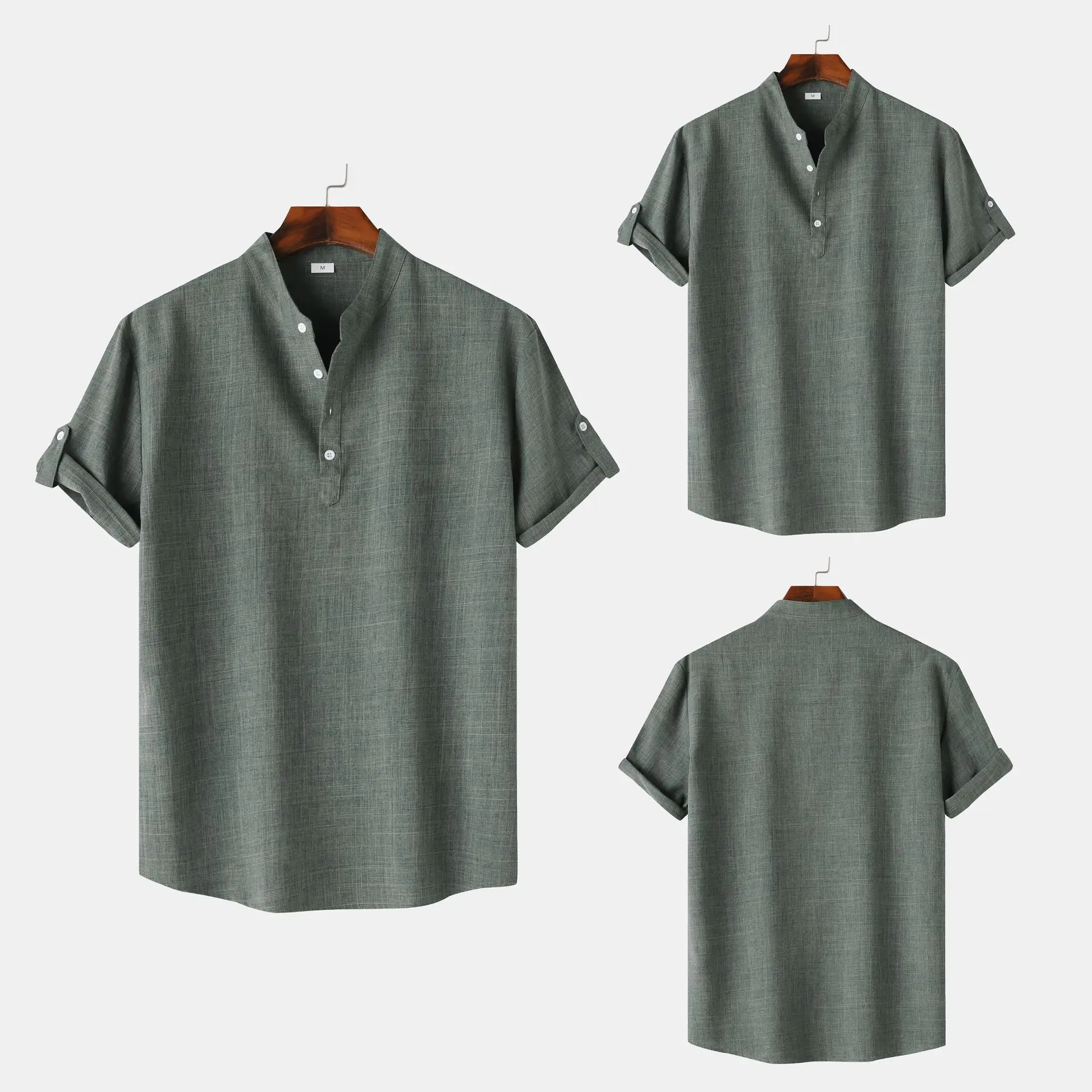 Men's Casual Cotton Linen Shirt Anticotton Linen Shirt Cleanfit Style Nine Sleeve PU Leather Fabric Non-fading Color Summer C...