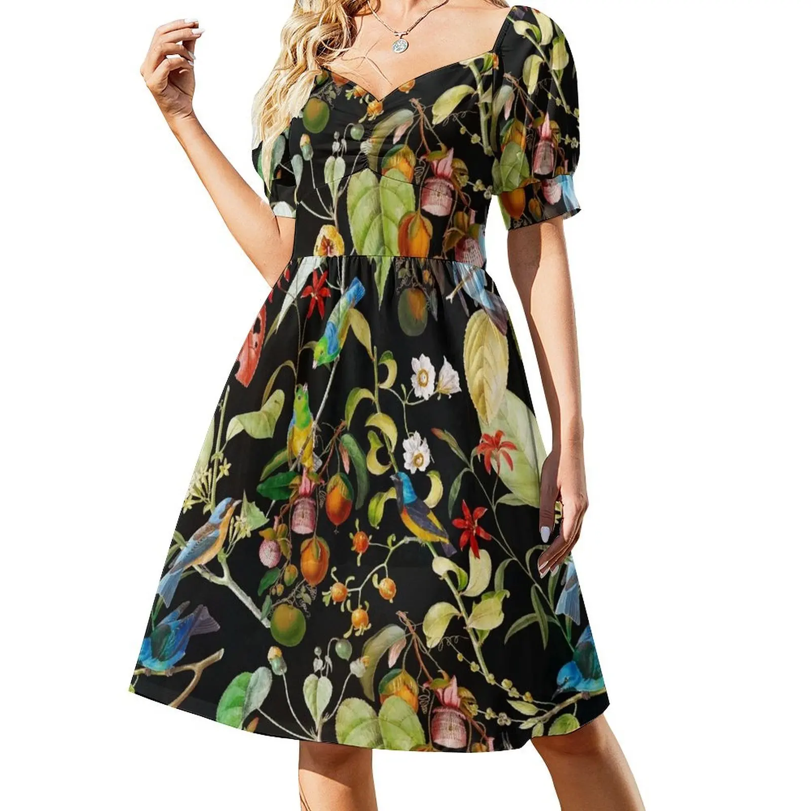 

Vintage tropical sing birds and fruits pattern black Botanical Night Garden Short Sleeved Dress