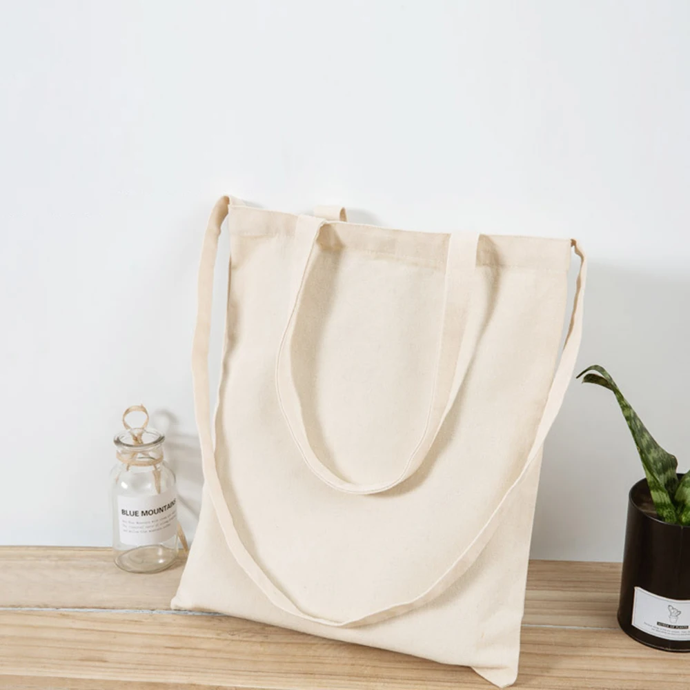 Large Capacity Canvas Shopping Bags Folding Eco-Friendly Cotton Tote Bags Reusable DIY Shoulder Bag Grocery Handbag Beige White