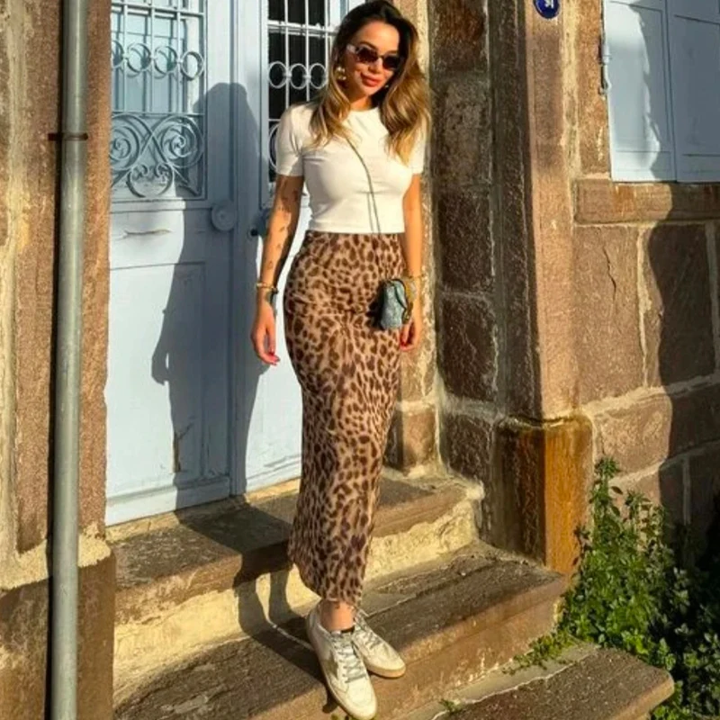 New Spring and Summer Women's Leopard Print Long Skirt Elegant Party Printed Skirt Fashion Casual Office Midi Skirt