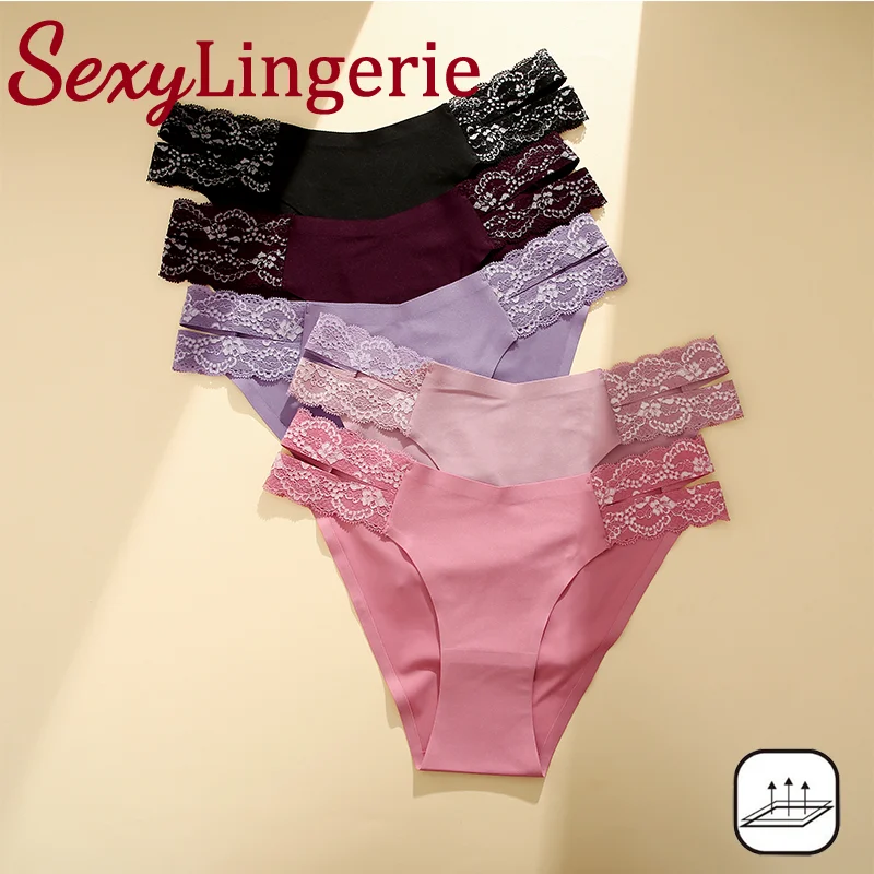 3PCS/SET FINETOO Women\'s Solid Color Lace Side V-Shaped Seamless Triangle Panties Sexy Design Waist Exposure Underwear Briefs