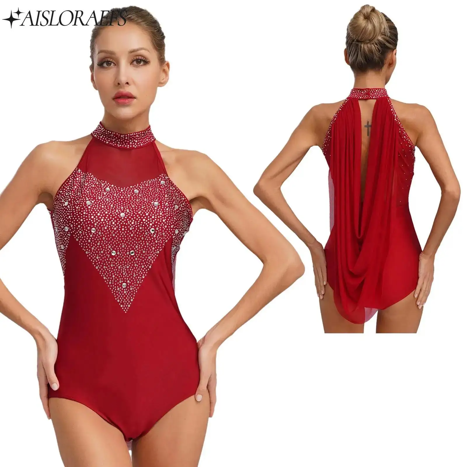 

Womens Ballet Lyrical Dance Costume Ruched Drape Leotard Sleeveless Rhinestones Mesh Bodysuit Figure Skating Performance Clothes