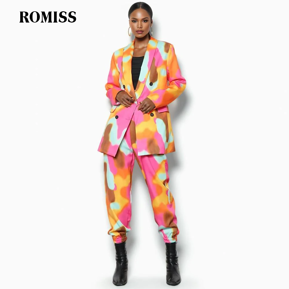 ROMISS Loose Two Piece Set Woemns Notched Collar Long Sleeve Blazer High Waist Straight Pants Printing Sets Female Fashion