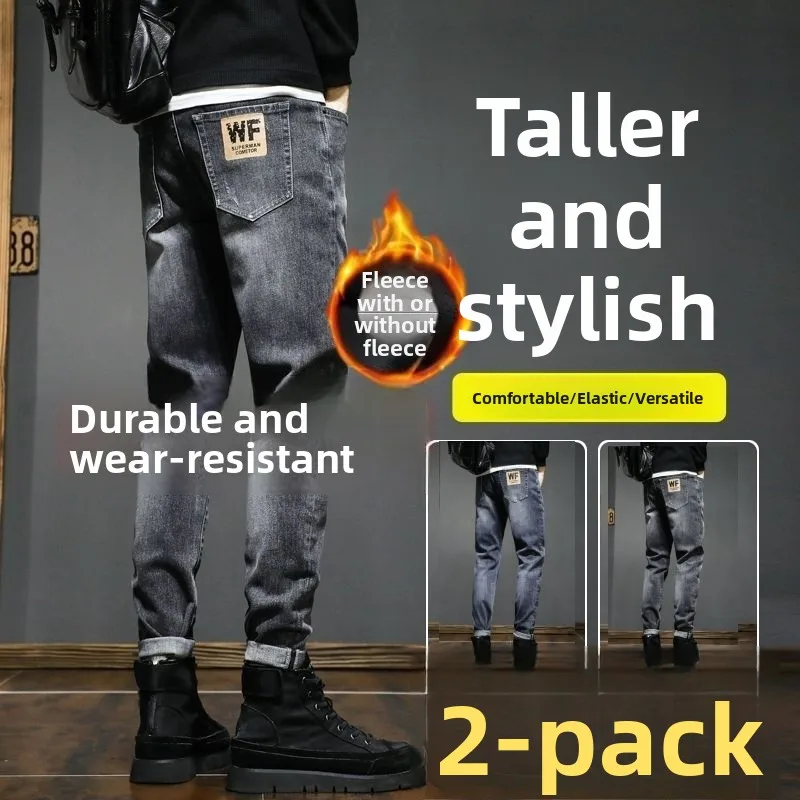 

Модные облегающие джинсы на подкладке Fce, мужские эластичные осенне-зимние повседневные длинные брюки, износостойкие рабочие брюки