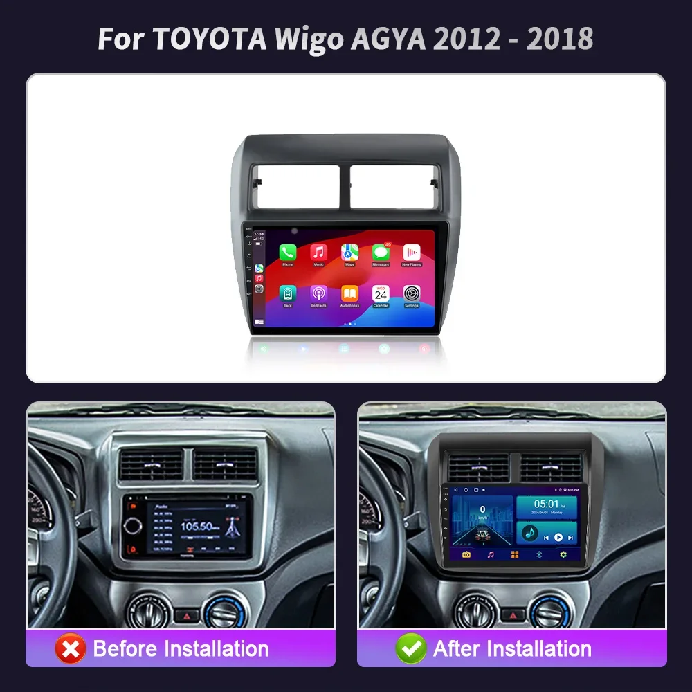 أندرويد 14 سماعة لاسلكية تعمل بالبلوتوث Carplay ستيريو رئيس وحدة شاشة راديو السيارة الوسائط المتعددة الملاحة لتويوتا ويغو AGYA 2012-2018