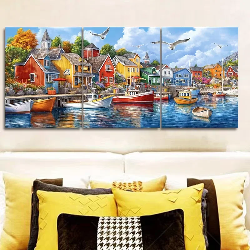 Colorful Fishing Village Landscape DIY Diamond Painting 5D 3Pcs Diamond Mosaic Art Cross Stitch Kits Diamond Embroidery