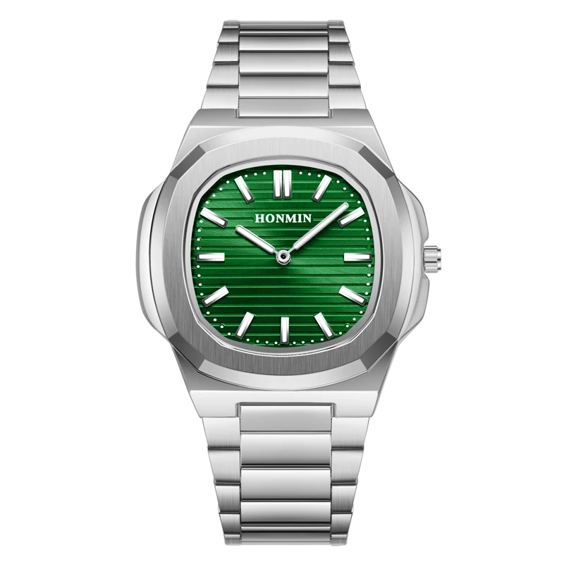 Men's Octagonal Quartz Watch Striped Dial Stainless Steel Waterproof Business Casual Wristwatch