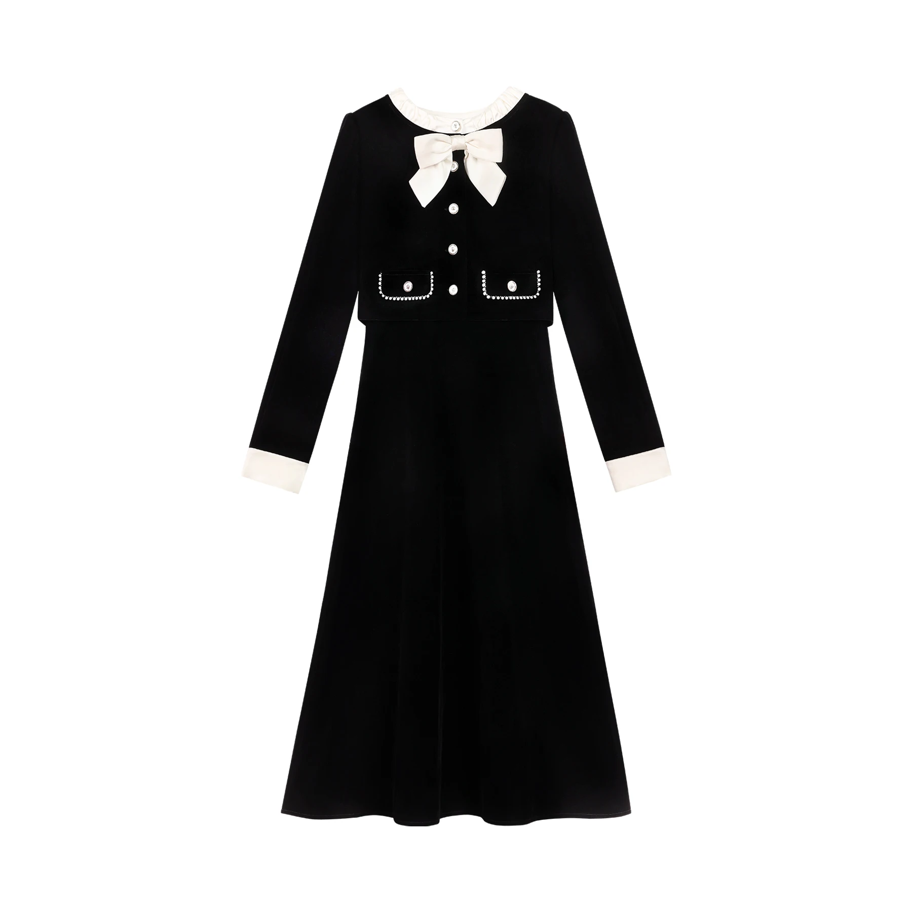 

ALXNAN Women's Dress Black Fake Two-piece Velvet Dresses Autumn Elegant Bow Design Casual Long Sleeve Female Clothing QJD00118