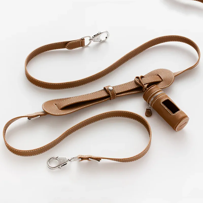 

Custom Luxury Pet Leather Dog Training Leash For Two Dogs Hand Free Long Leash
