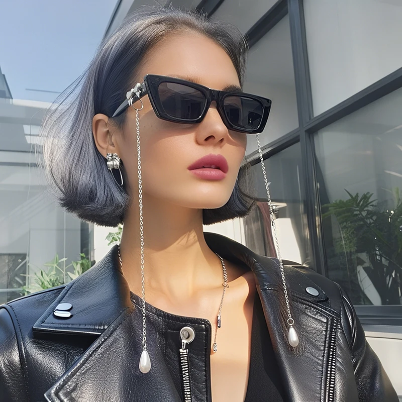 

2025 New Fashionable Vintage Small Frame Cat Eye Design Chain Pearl Pendant Glasses Party Silver Bow Sweet Women Cool Sunglasses