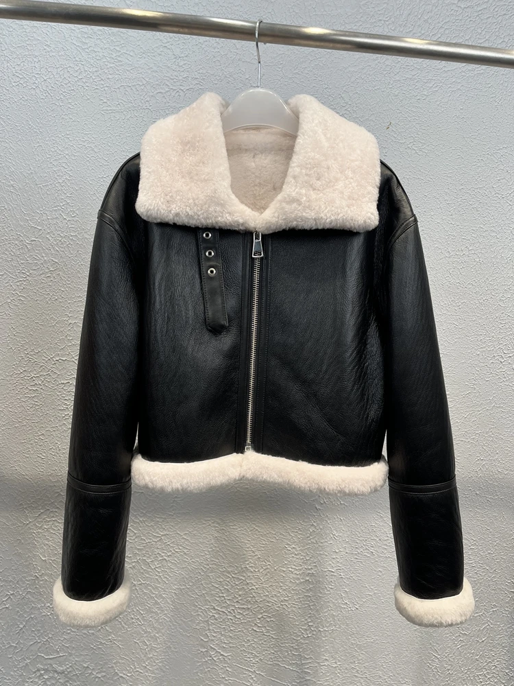 MENINA BONITA 2023 New Double-faced Fur Real Natural Wool Winter Jacket Warm High Collar Women Coat Genuine Leather Streetwear