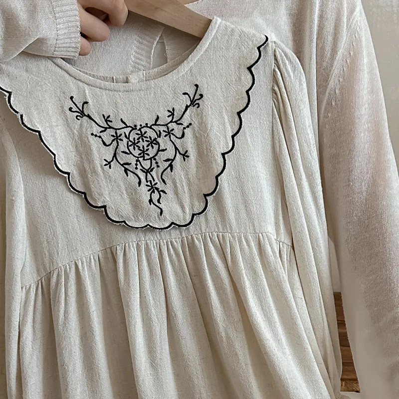 Autumn Retro Embroidered Girls' Dress Kids Doll Collar Long Sleeve Princess Dress Children Cotton and Hemp Baby Girl Clothes