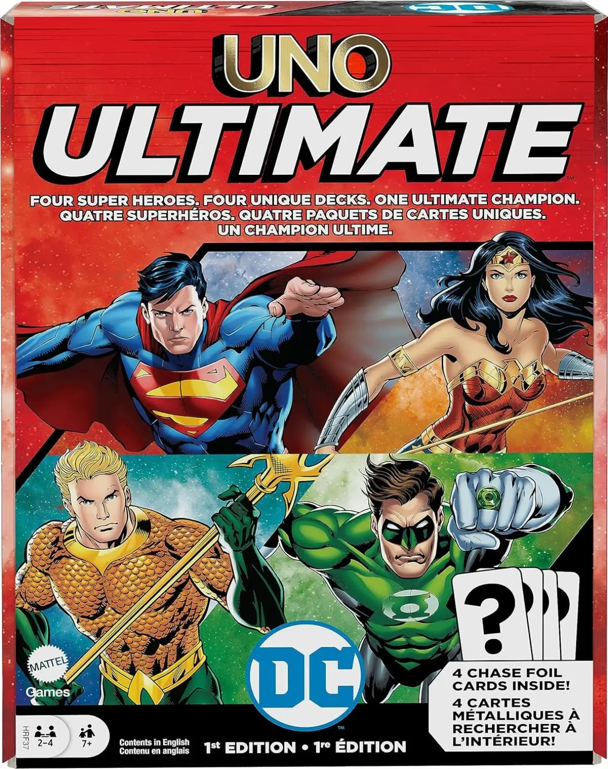 Mattel Games UNO Ultimate DC Card Game for Kids Adults with 4 Character Decks 4 Collectible Foil Cards Toy