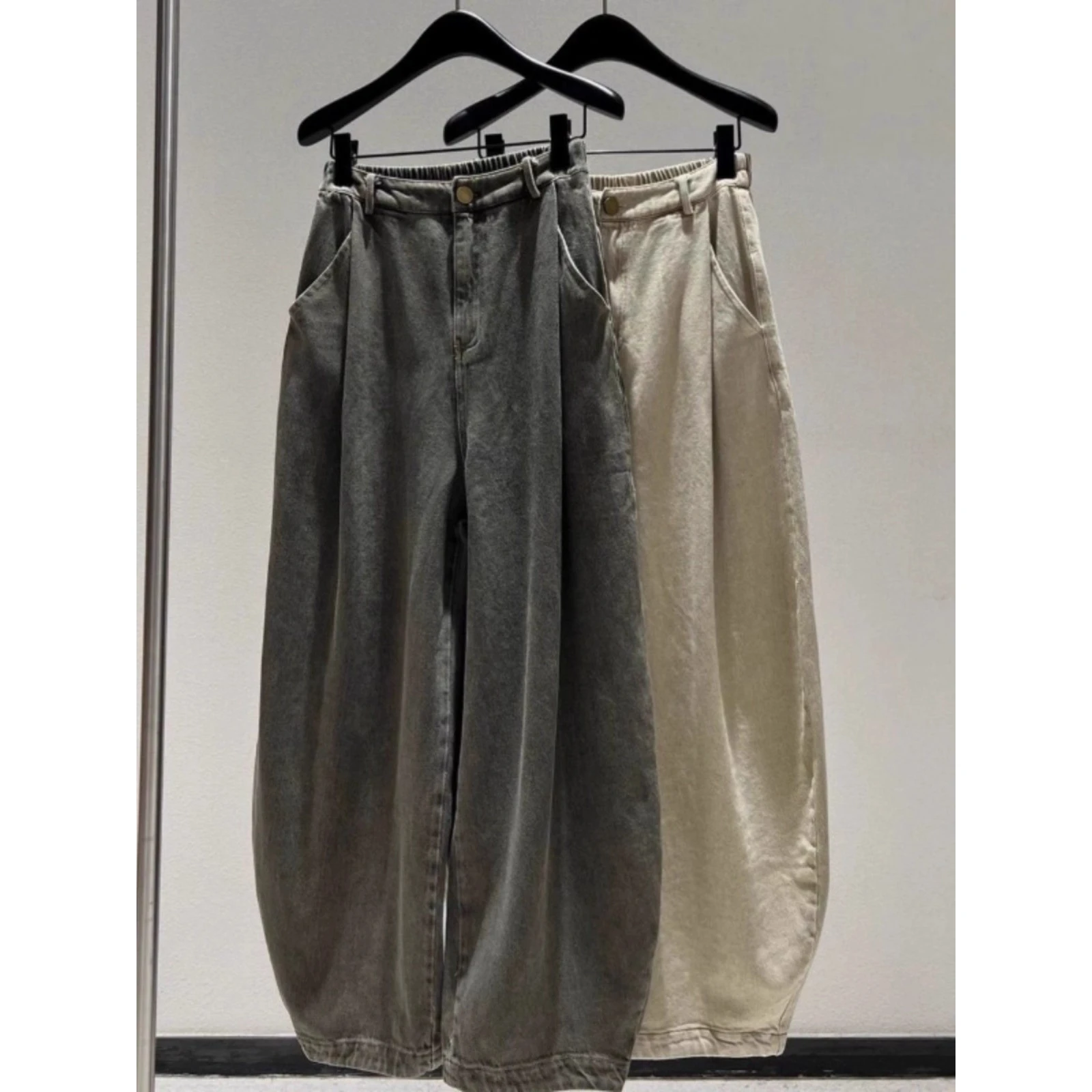 

Мужские прямые джинсы большого размера, повседневные свободные джинсовые брюки с широкими штанинами и эластичной резинкой на талии, осенне-зимняя одежда, винтажные брюки с завязками