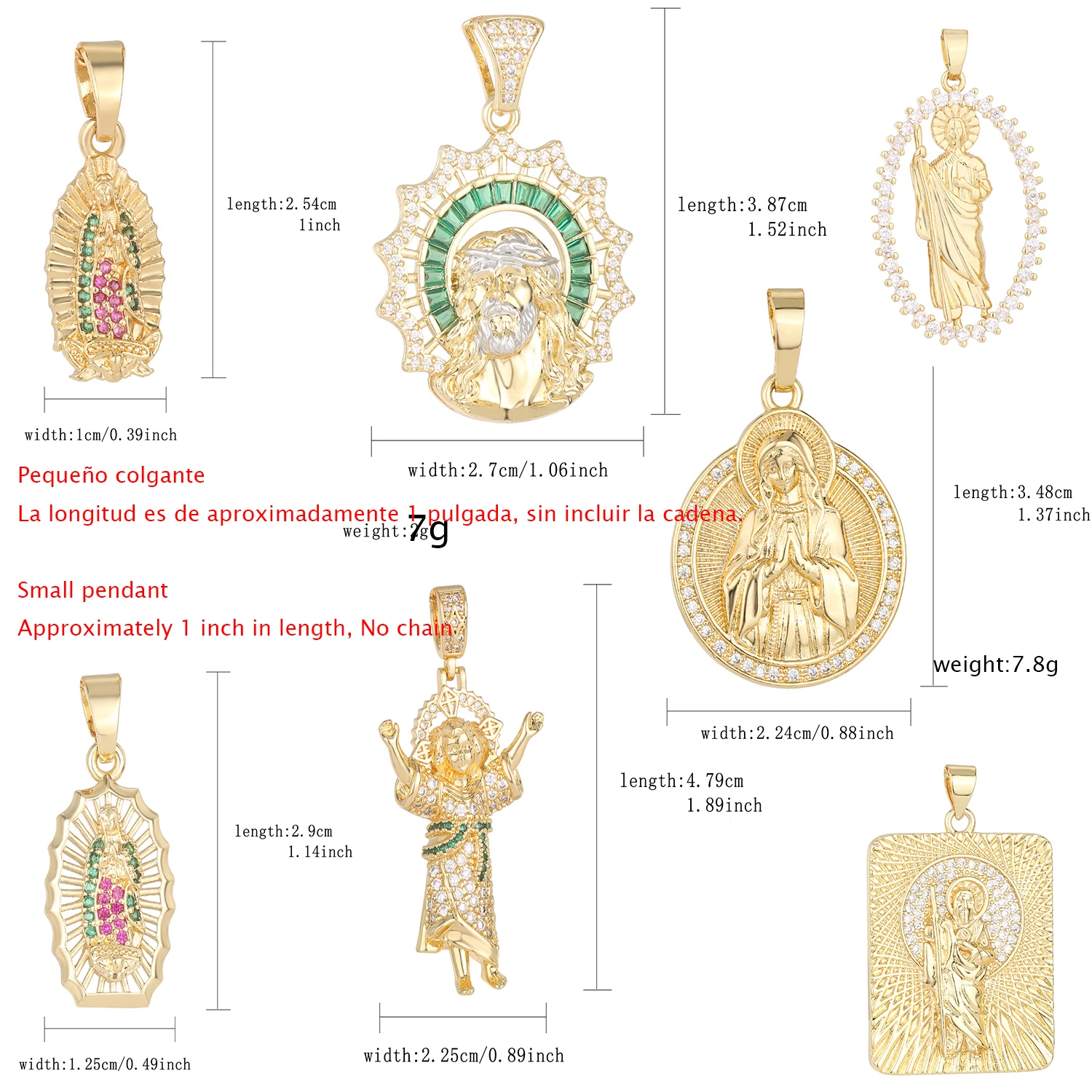 Gold Religious Portrait Pendant Without Chain, Engraved with Character Patterns and Inlaid with Cubic Zirconia, Suitable for