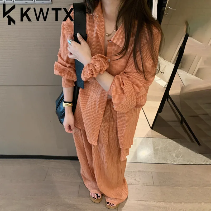 

KWTX Women’s 2 Piece Set SS25 Casual Checkered Patchwork Shirt Wide Pants Vintage Highstreet Luxury Chic Designer Soft Premium
