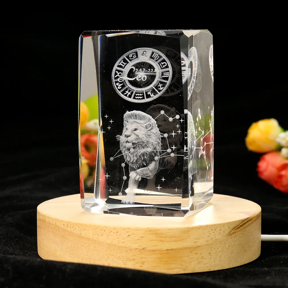 80mm Laser Engraving 3D Zodiac Signs Sagittarius Virgo Prism Glass Crystal Ornament Paperweight Craft Jewelry Display Base Decor