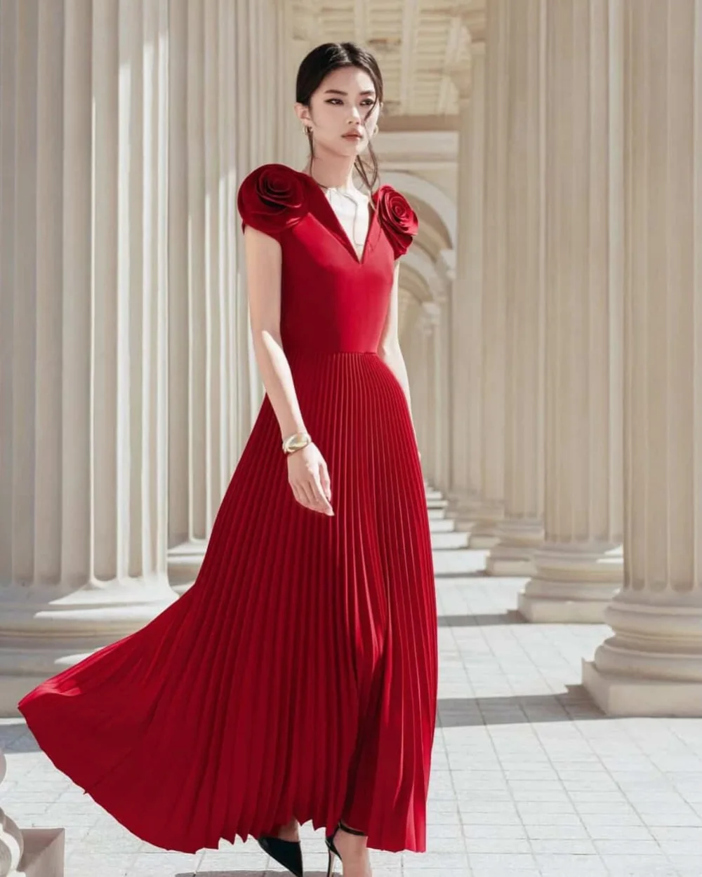 

Customized Red Fashion Chinese Style Jersey Pleat Draped Handmade Flower A-line V-neck Long Dresses Evening Dresses High Quality