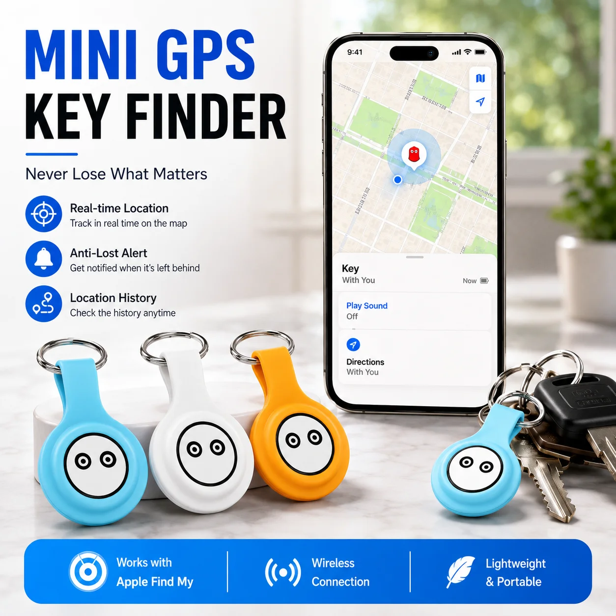 Smart Finder Tag for Apple Find My, Bluetooth Item Tracker for Keys Luggage Wallet Backpack, No Subscription, Long Battery Life