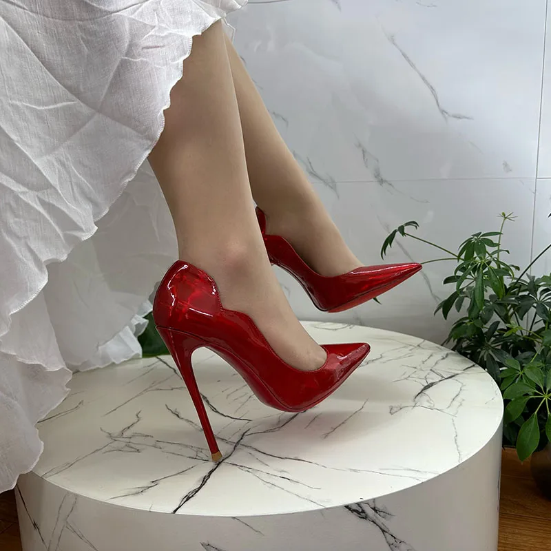 2023 New Shiny Laser Red Patent High Heel Sexy Pointed Toe Night Club Women Lady 13cm Evening Dress Shoes On Sale Brand Designer